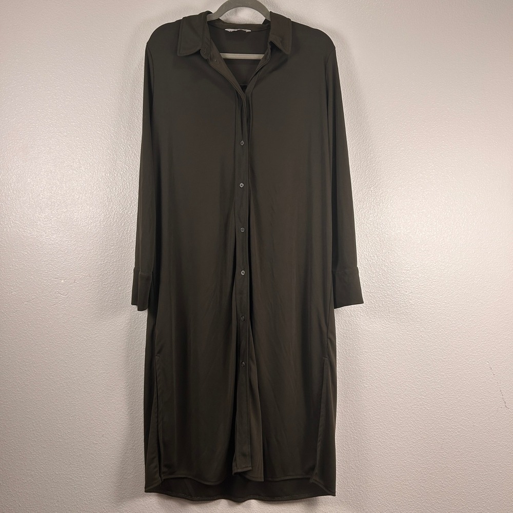 H&M Olive Green Long Sleeve Button Front Midi Shirt Dress Collared Side Slit